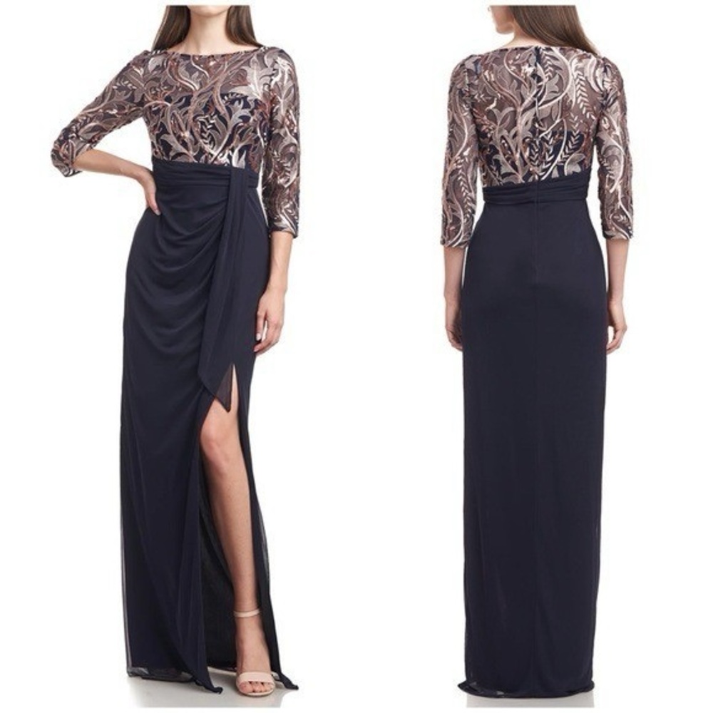 JS Collections Carrie Sequin Embroidered Draped Gown Navy & Rose Gold NWT 10